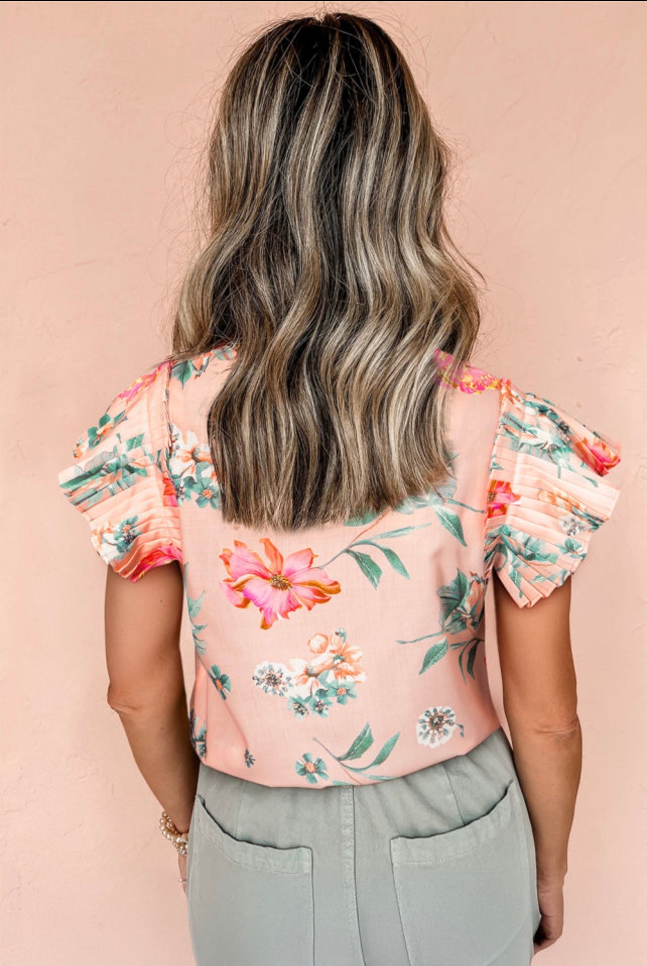 Pink floral print frill V neck pleated blouse