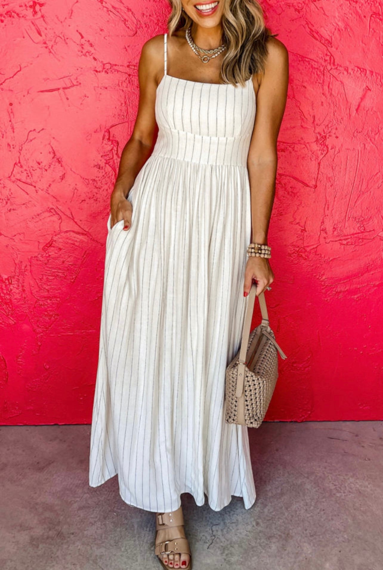 Beige stripe spaghetti strap maxi