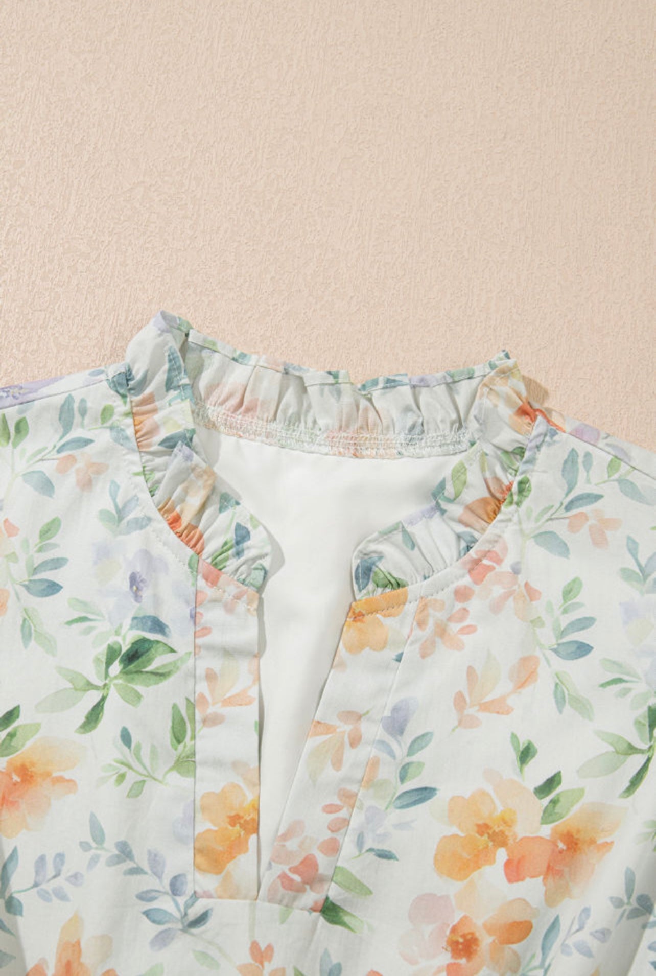 Beige floral print, high waist puff sleeve