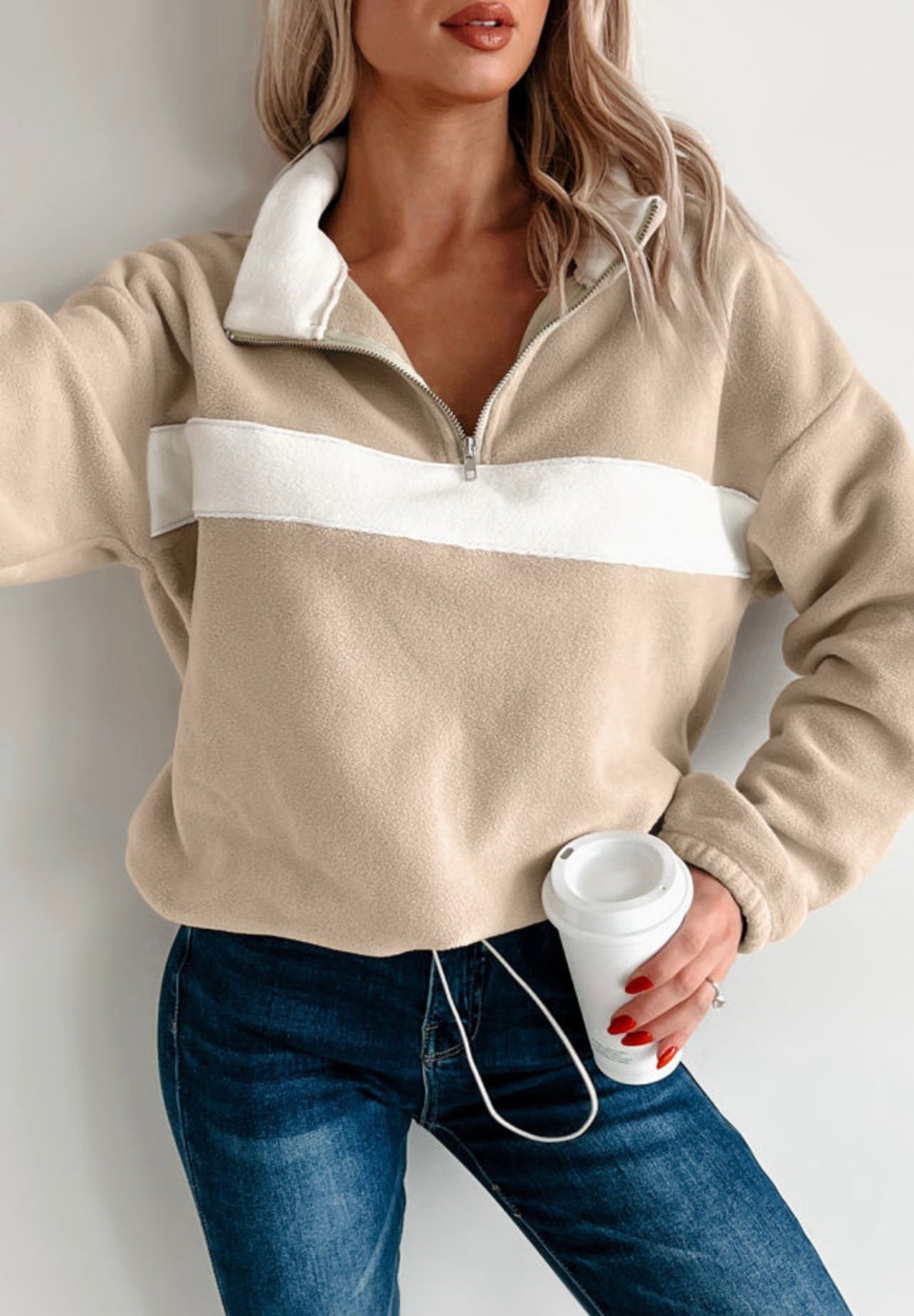 Fleece zipper collar sweatshirt