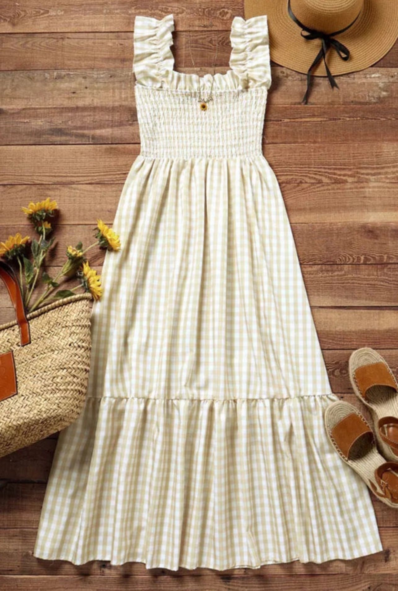 Khaki plaid ruffled sleeveless maxi dress