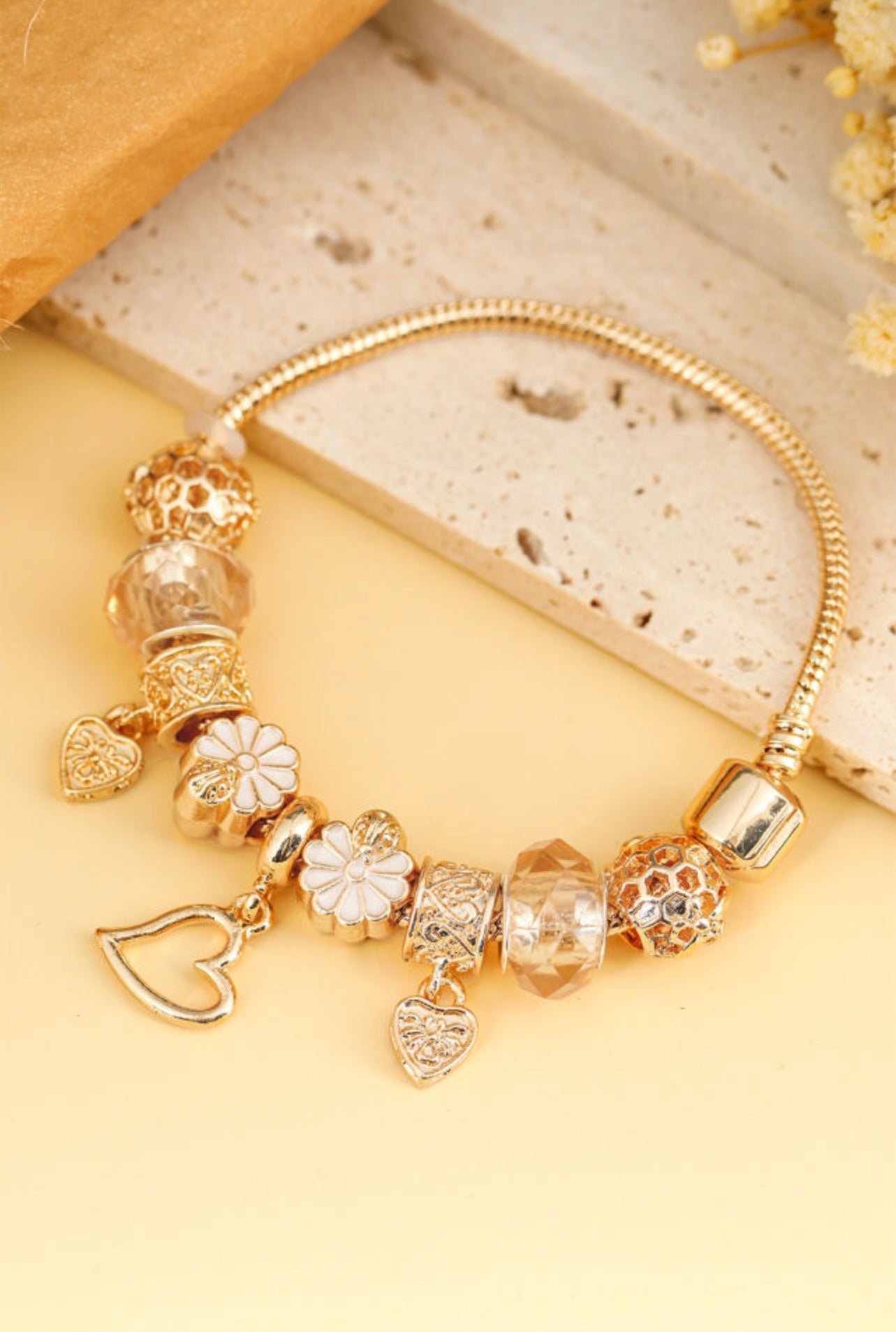 Gold flower heart charm bracelet
