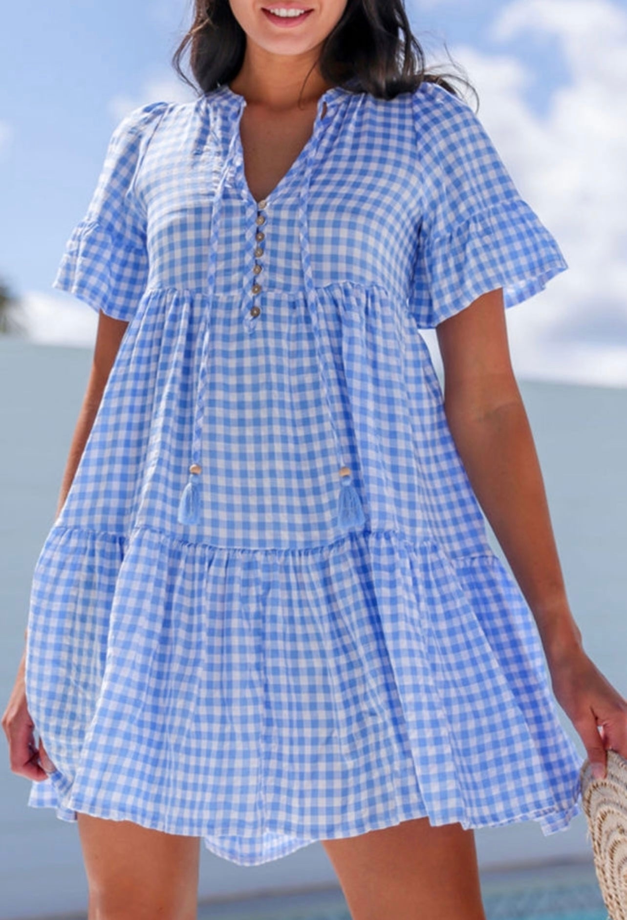 Sky blue plaid tassel tie V neck mini dress