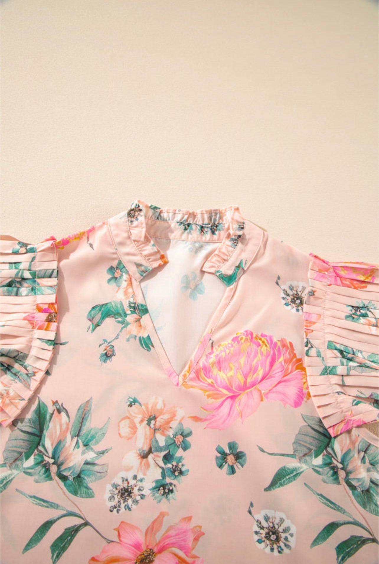 Pink floral print frill V neck pleated blouse