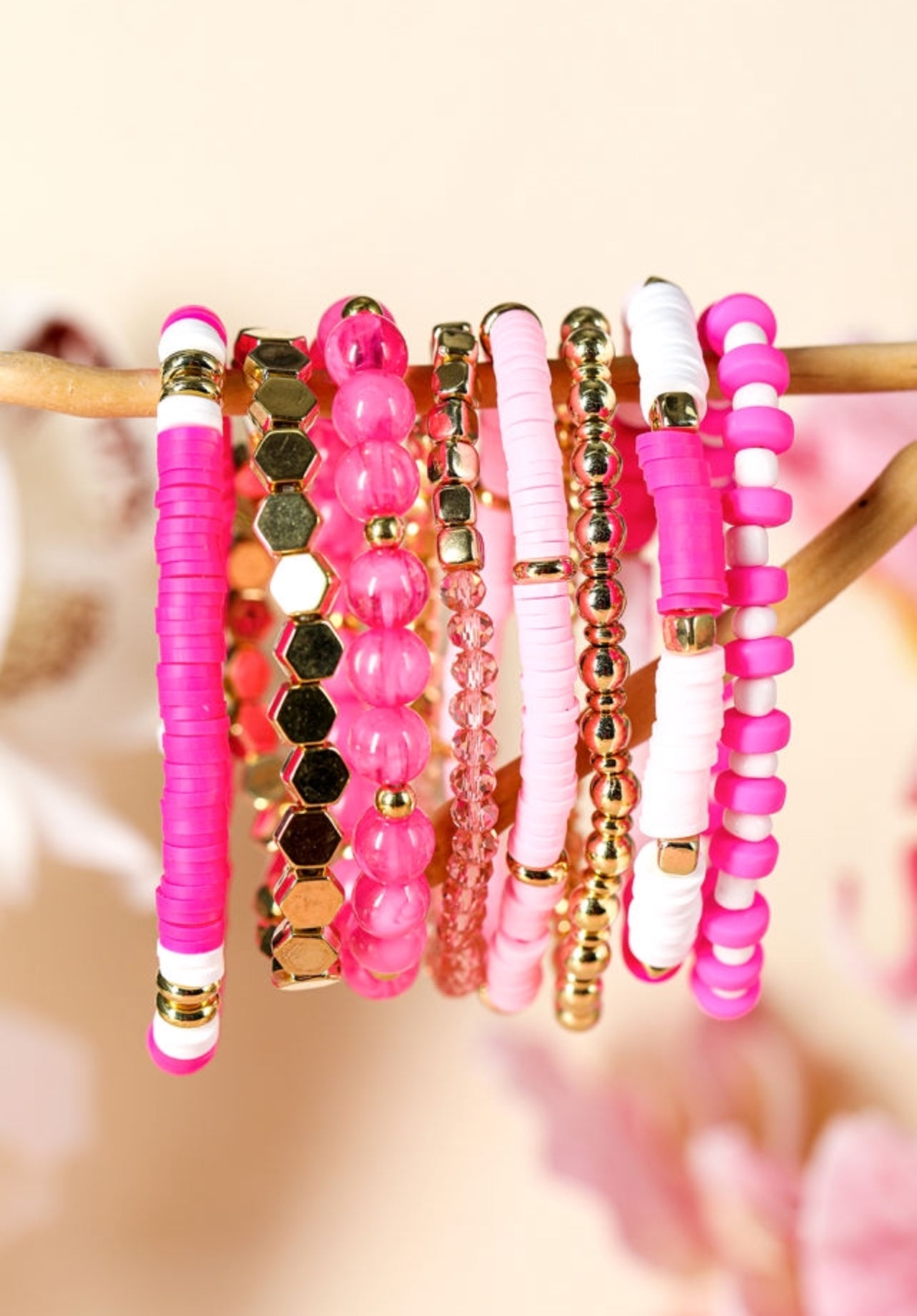 Pink clay bead layered bracelets