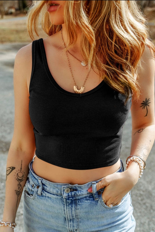 Black solid ribbed crop tank top