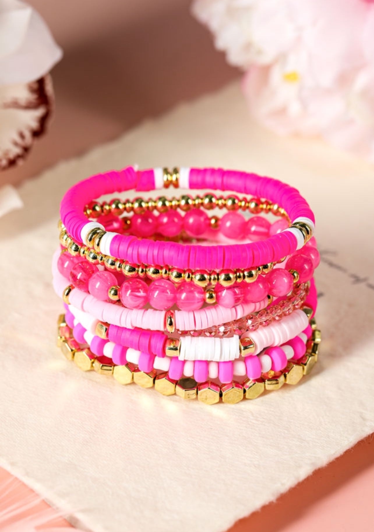 Pink clay bead layered bracelets