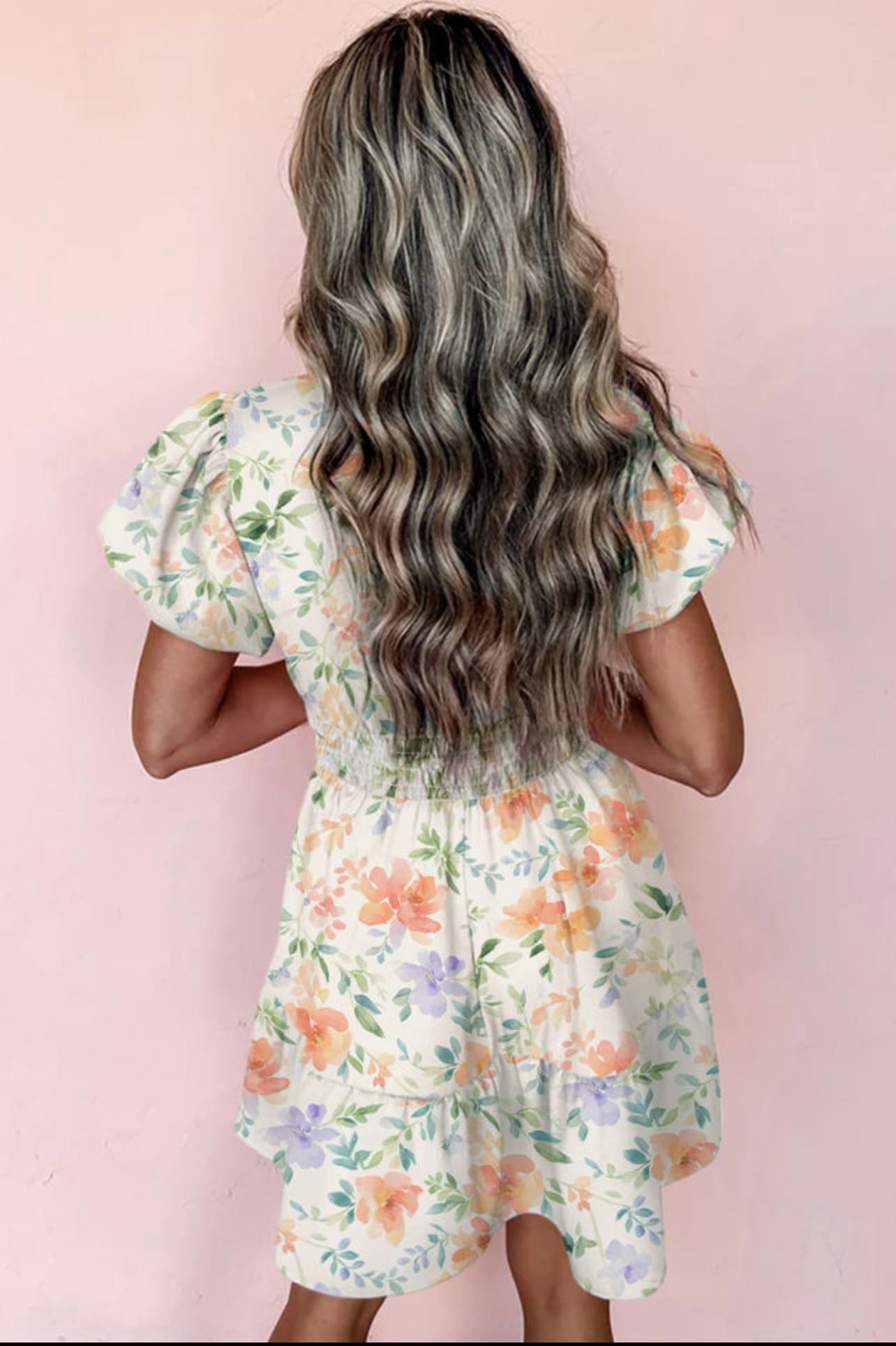 Beige floral print, high waist puff sleeve