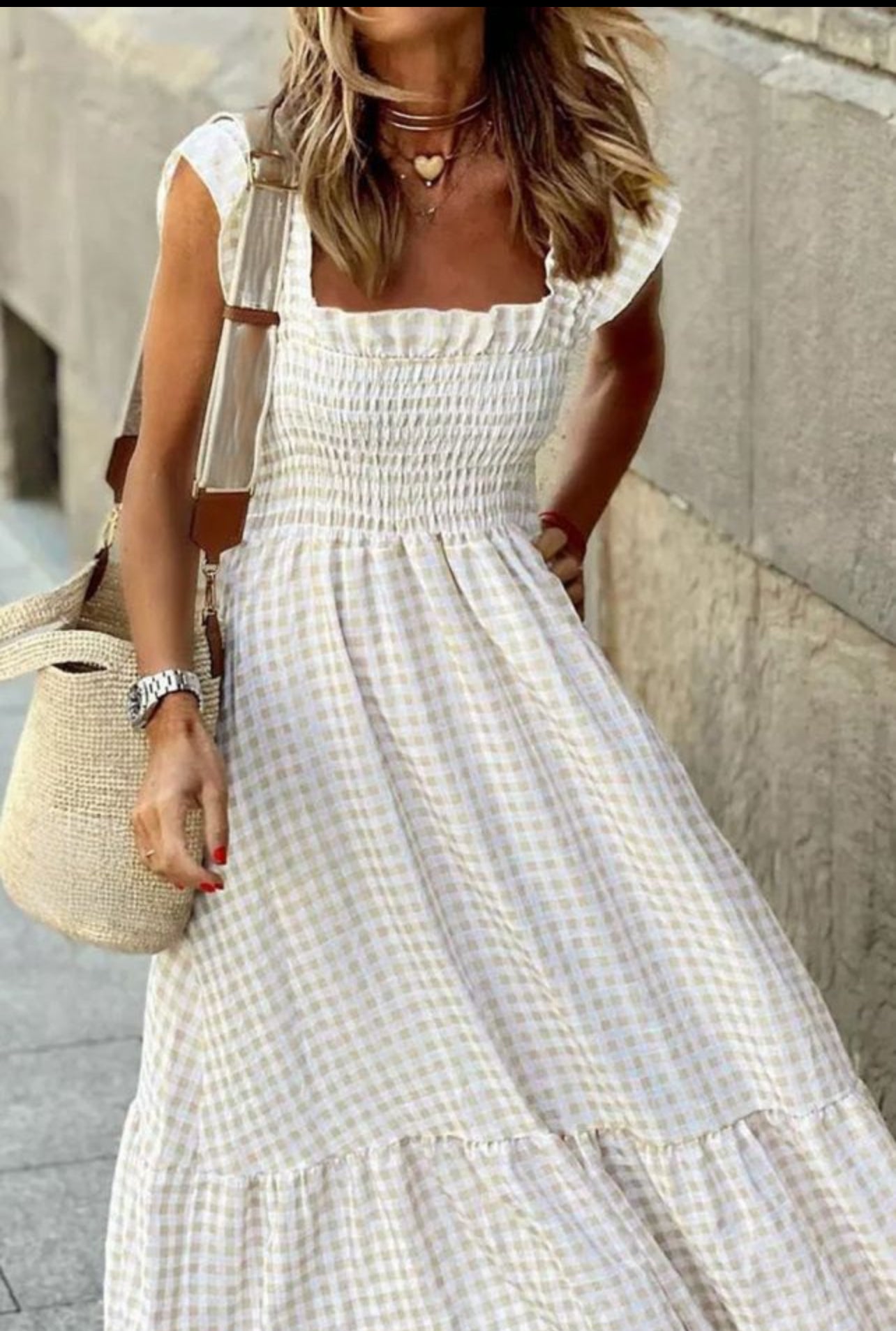 Khaki plaid ruffled sleeveless maxi dress