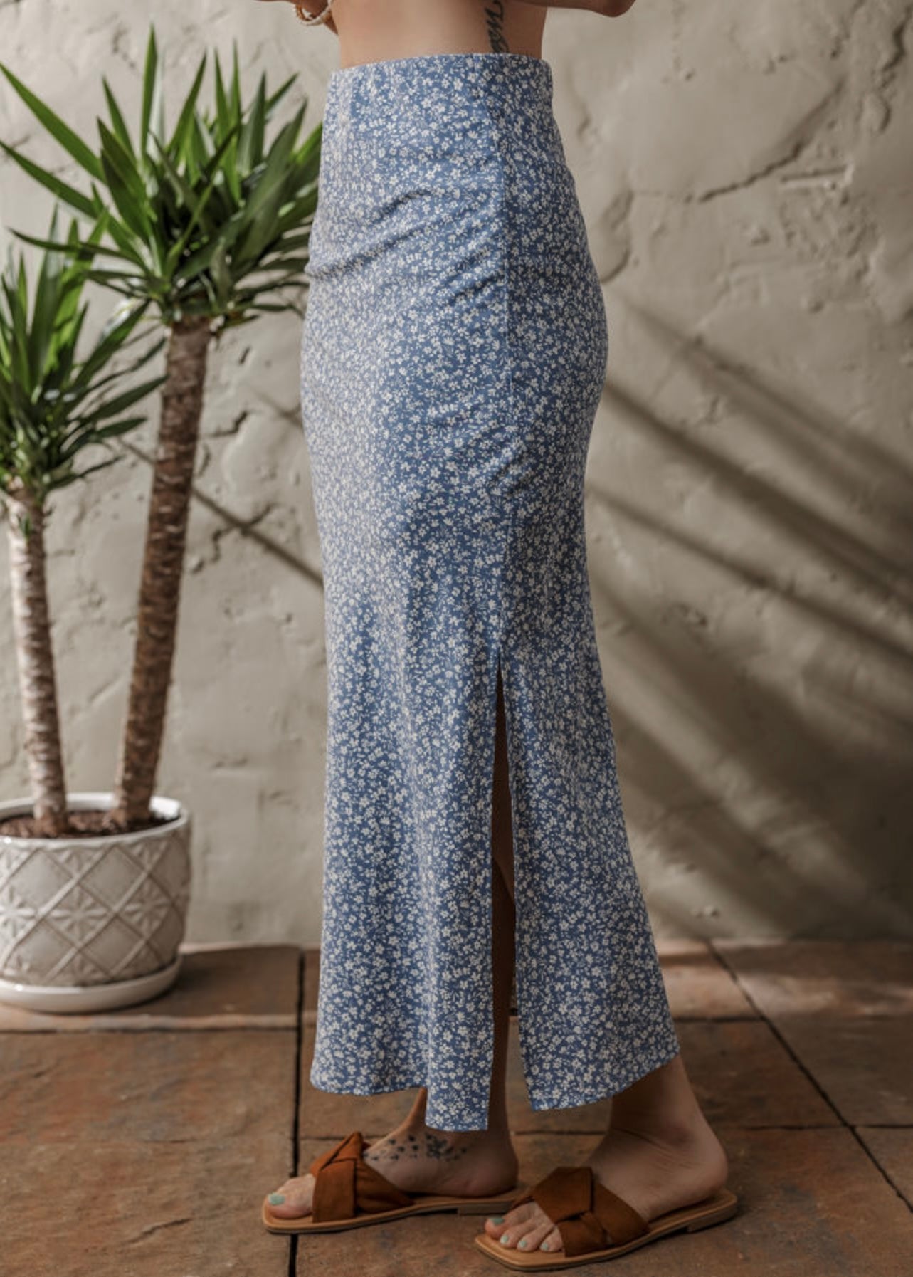 Sky blue boho high waist side slit skirt