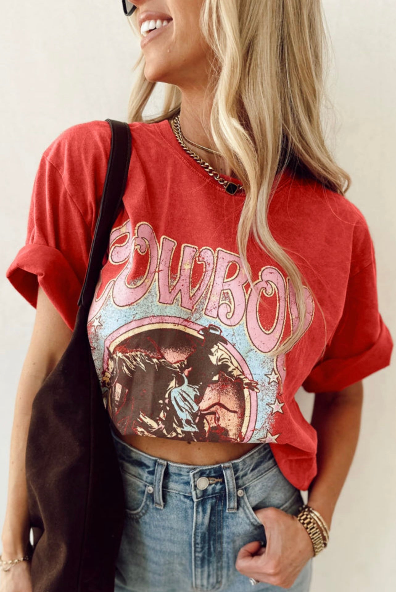Cowboy take me away red graphic tee