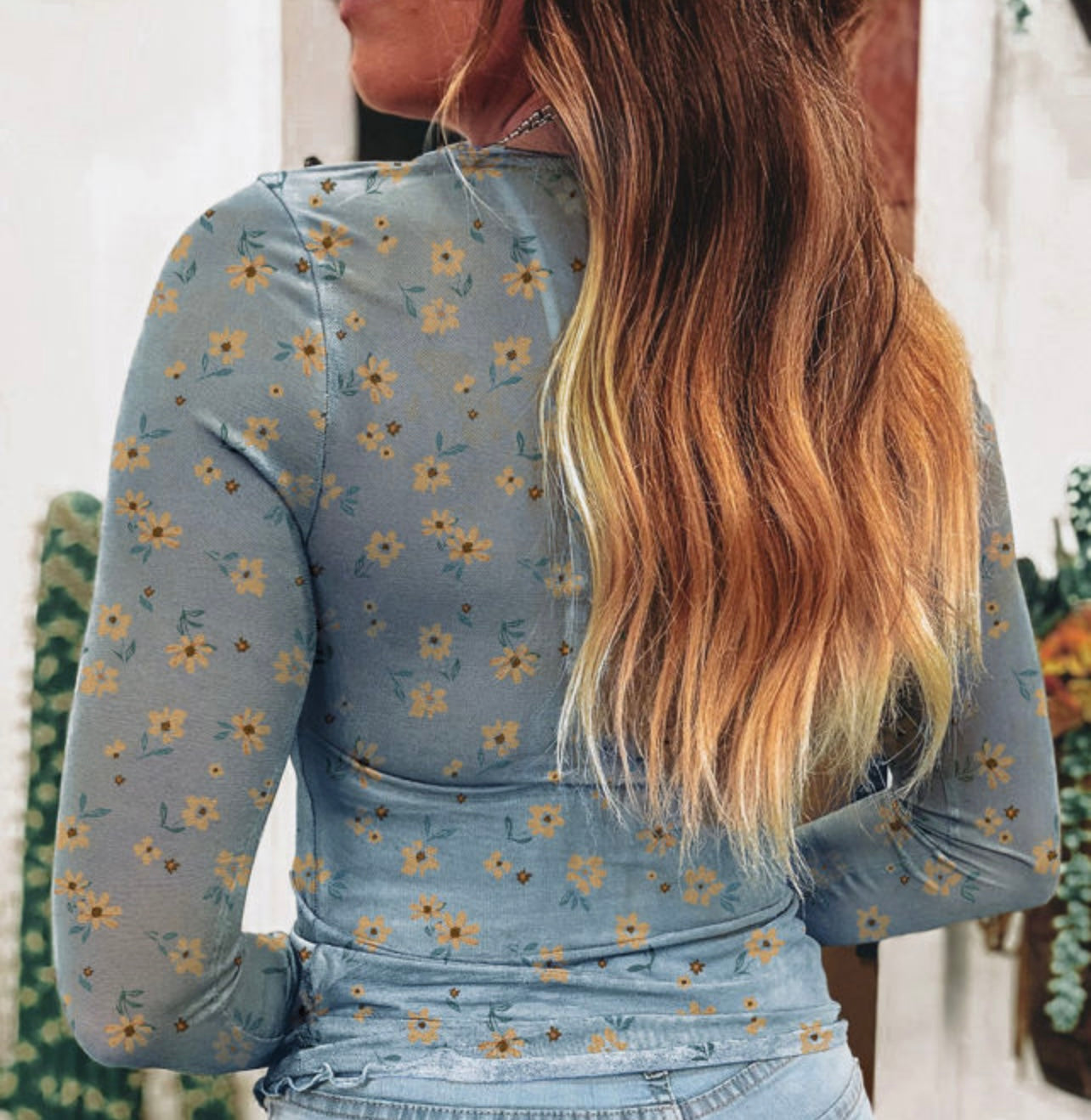 Sky blue floral print mesh slim fit long sleeve