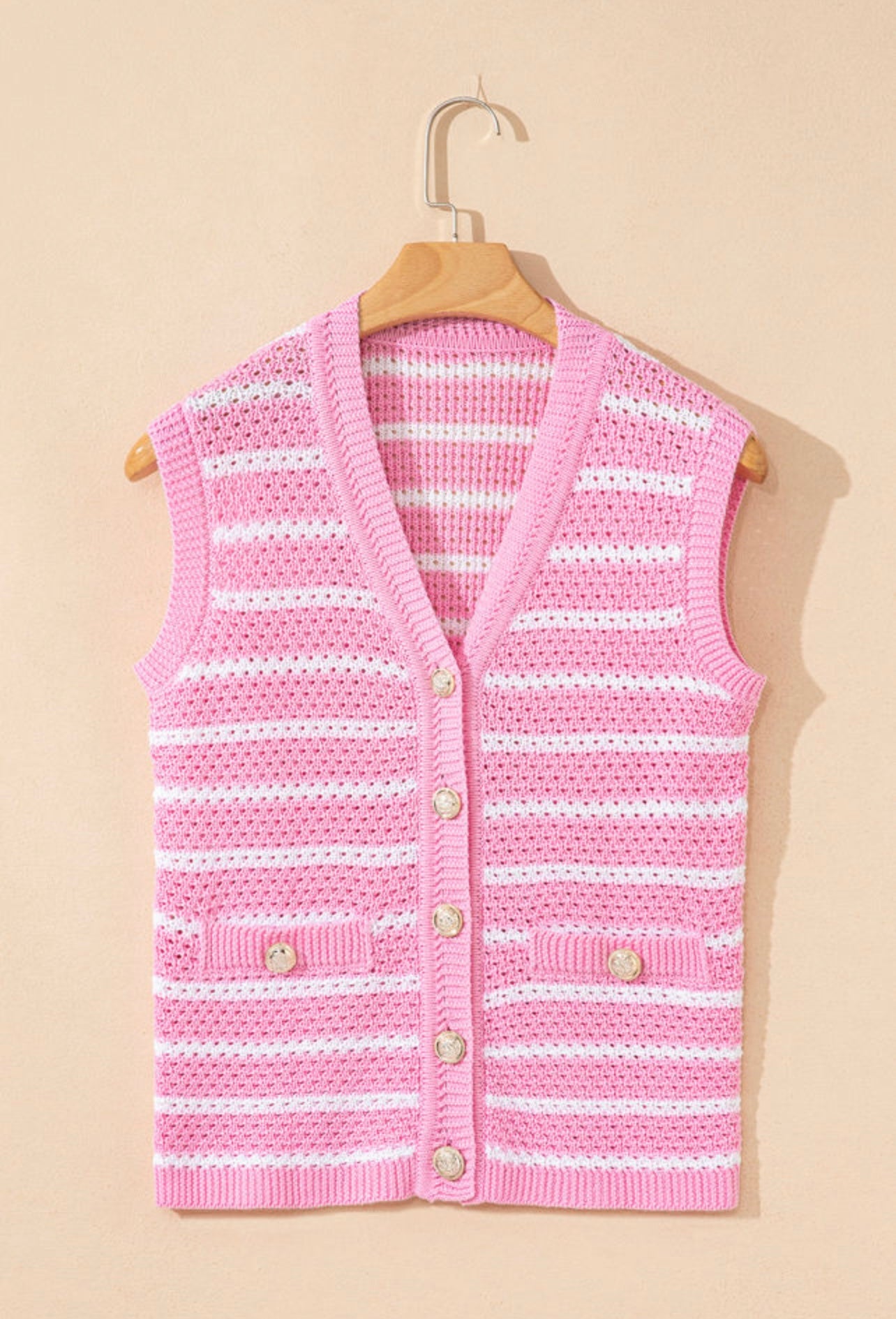 Pink striped V neck button knit vest