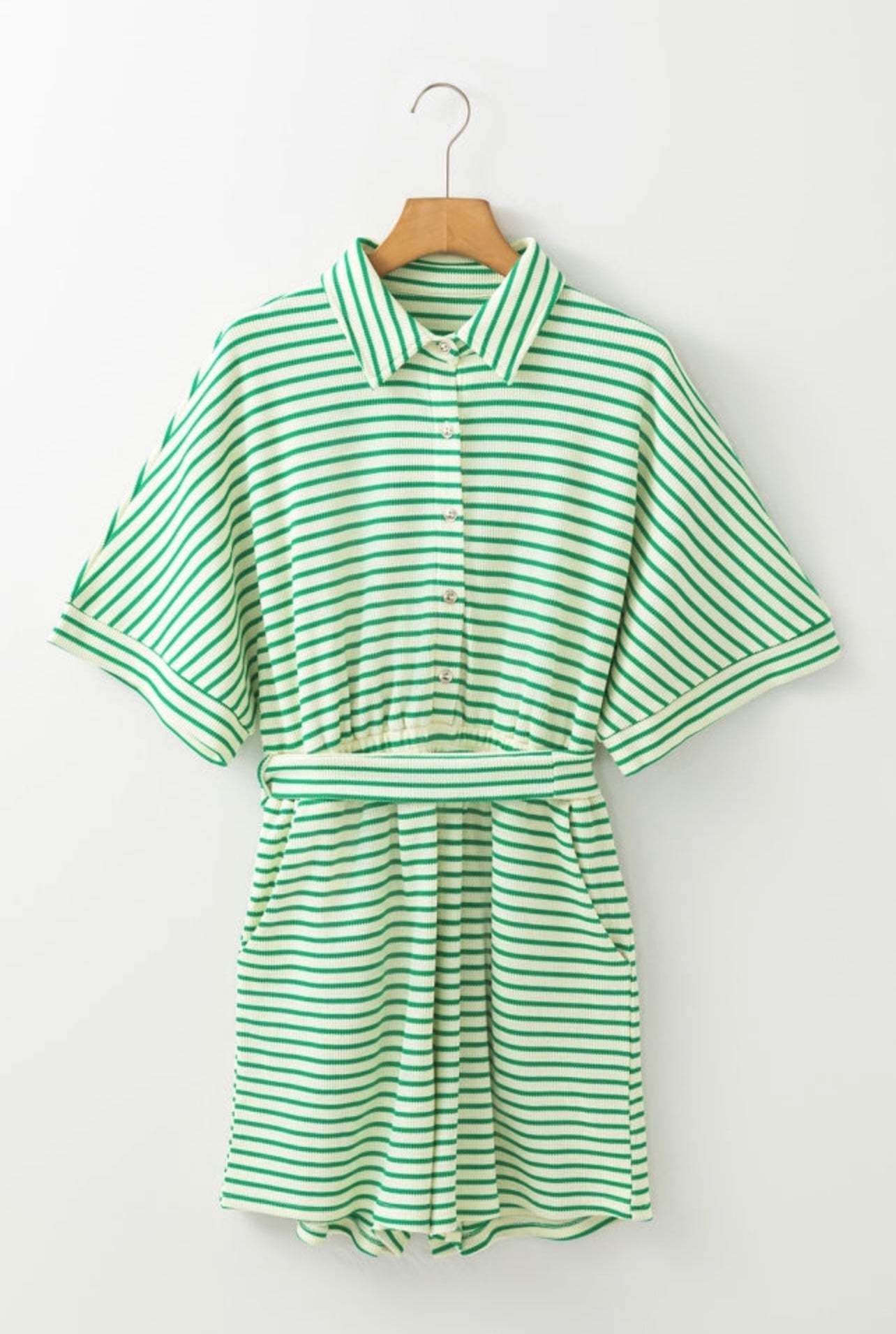 Green stripe short sleeve romper