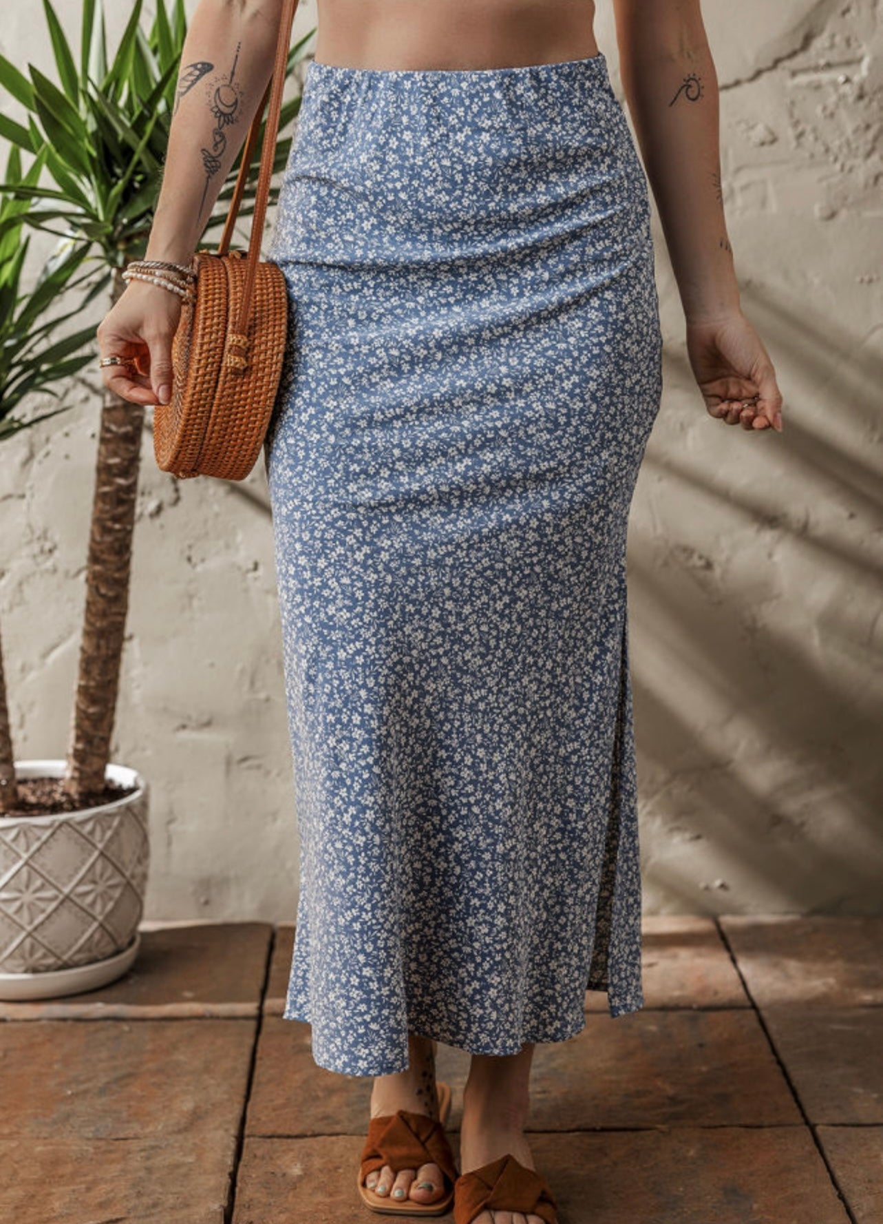 Sky blue boho high waist side slit skirt