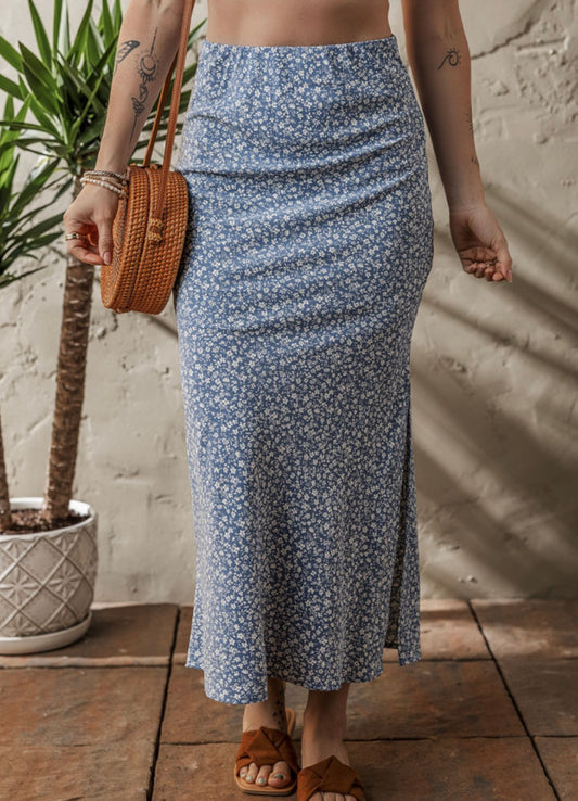 Sky blue boho high waist side slit skirt