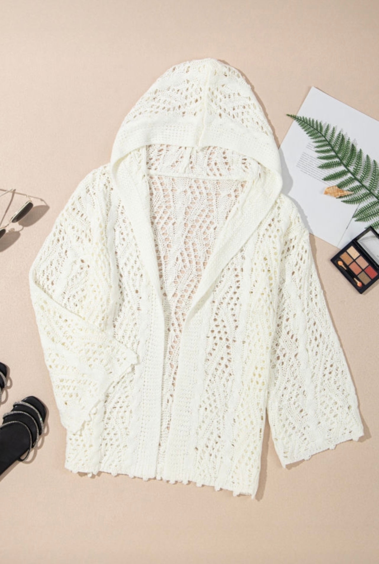 White knit hooded beach cover up