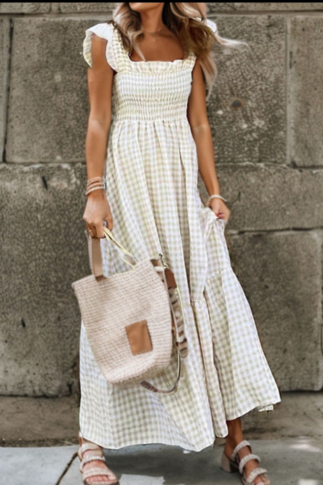 Khaki plaid ruffled sleeveless maxi dress