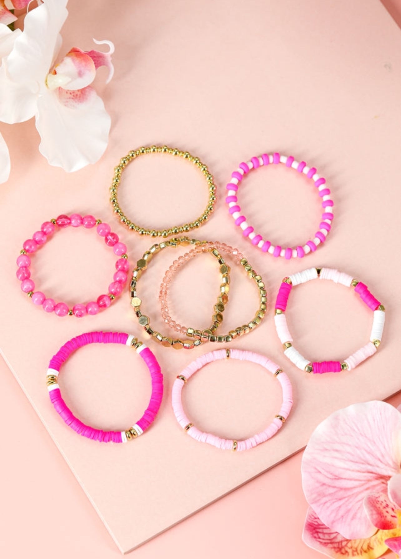 Pink clay bead layered bracelets