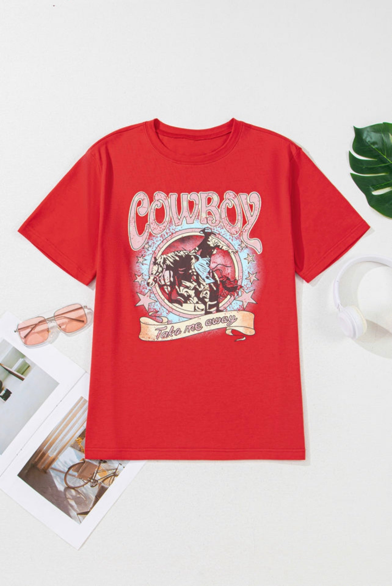 Cowboy take me away red graphic tee