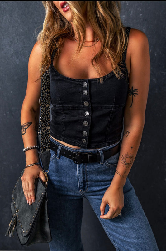 Black acid wash buttoned crop