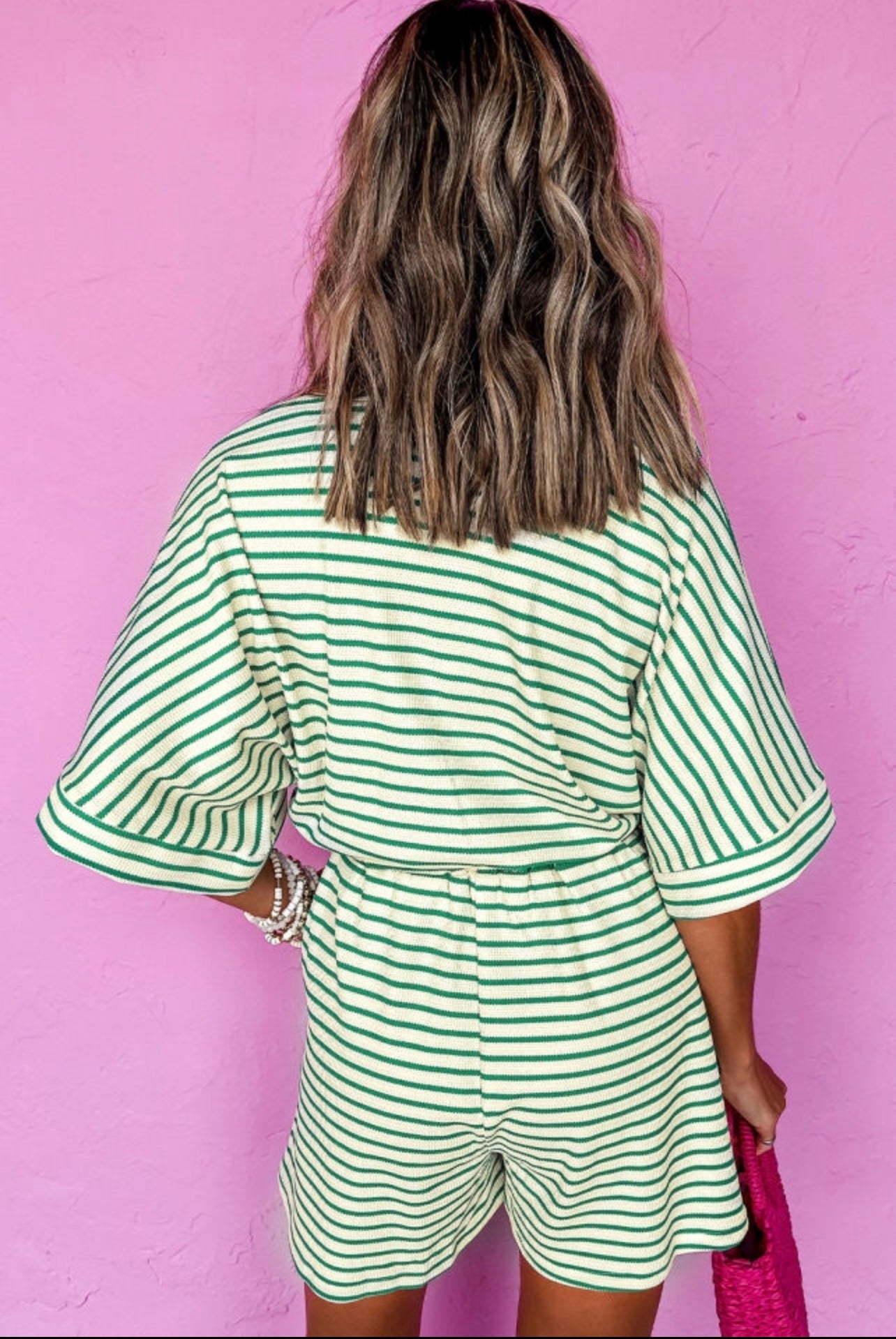 Green stripe short sleeve romper