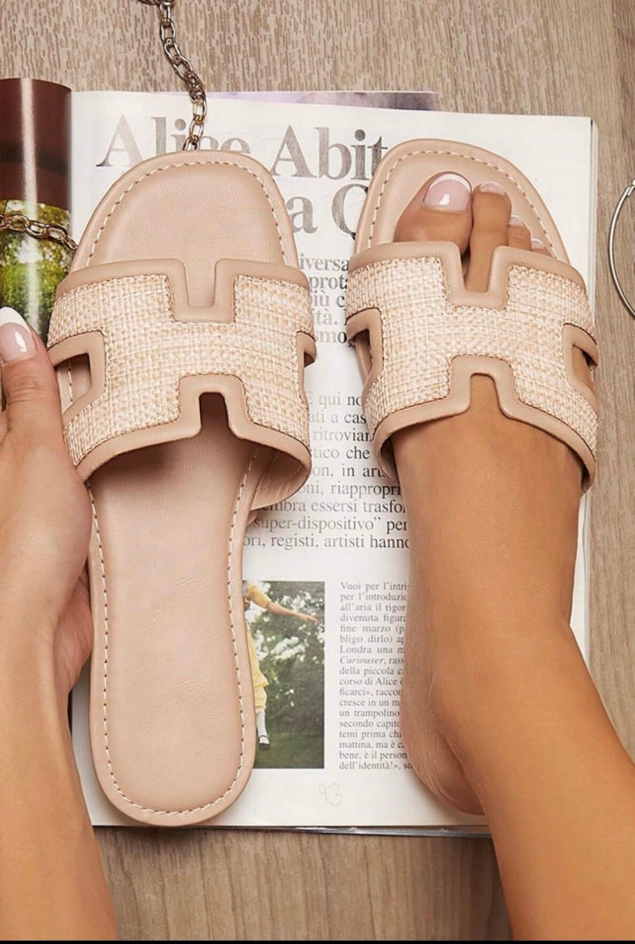 White open toe slides