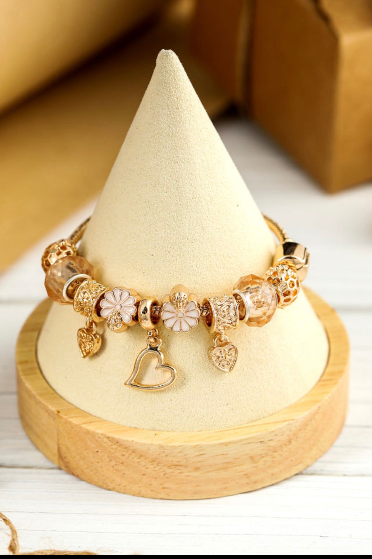 Gold flower heart charm bracelet