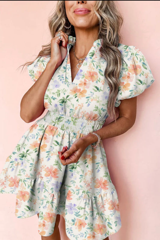 Beige floral print, high waist puff sleeve