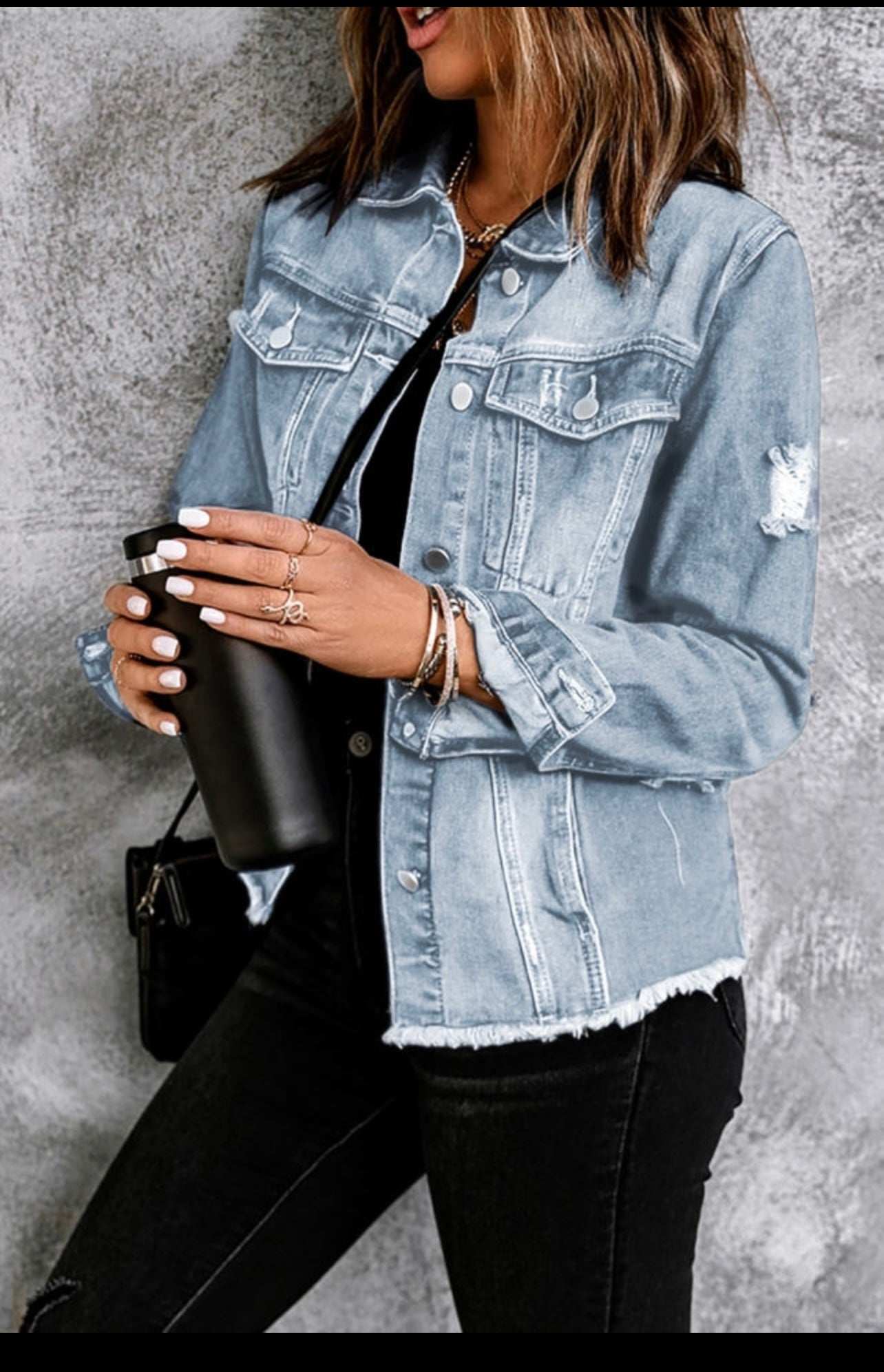 Distressed ripped jean jacket