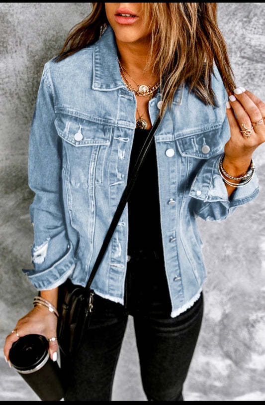 Distressed ripped jean jacket