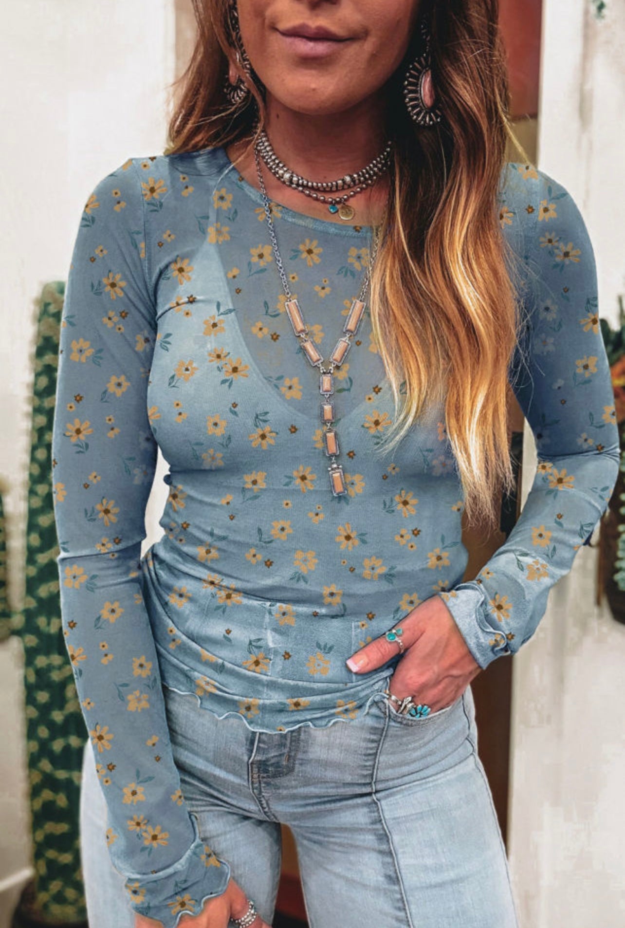 Sky blue floral print mesh slim fit long sleeve