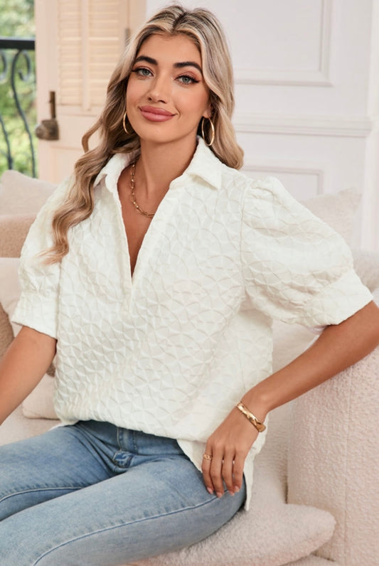 White V Neck Collared puff sleeve top